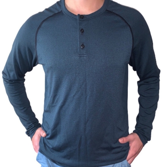 Lululemon Mens Long Sleeve Henley Metal Vent Tech Blue Green Size Large - Picture 1 of 13